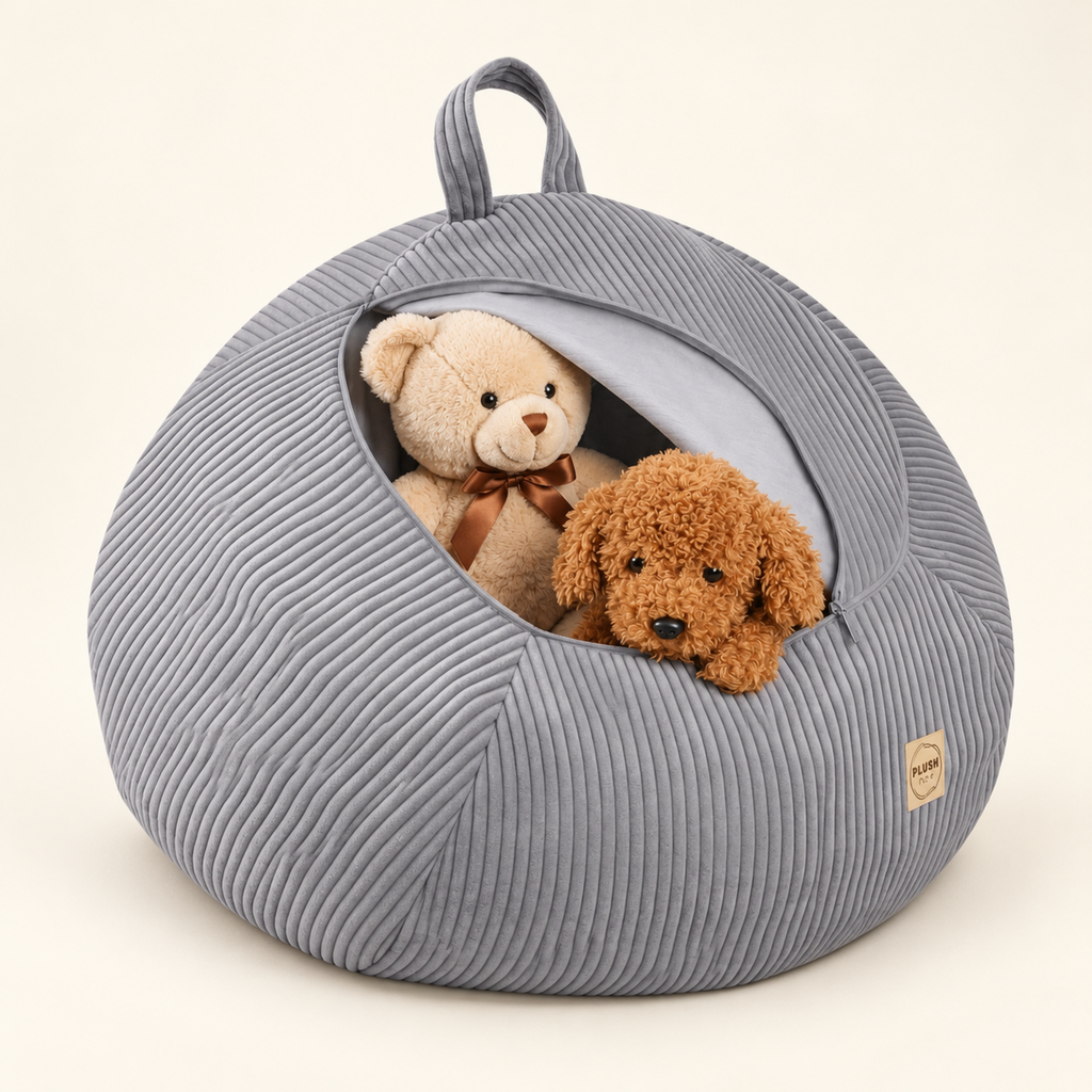 Plush Nest Cord-Spielzeugaufbewahrung & Poufbezug – Grau – Premium Produktaufnahme
