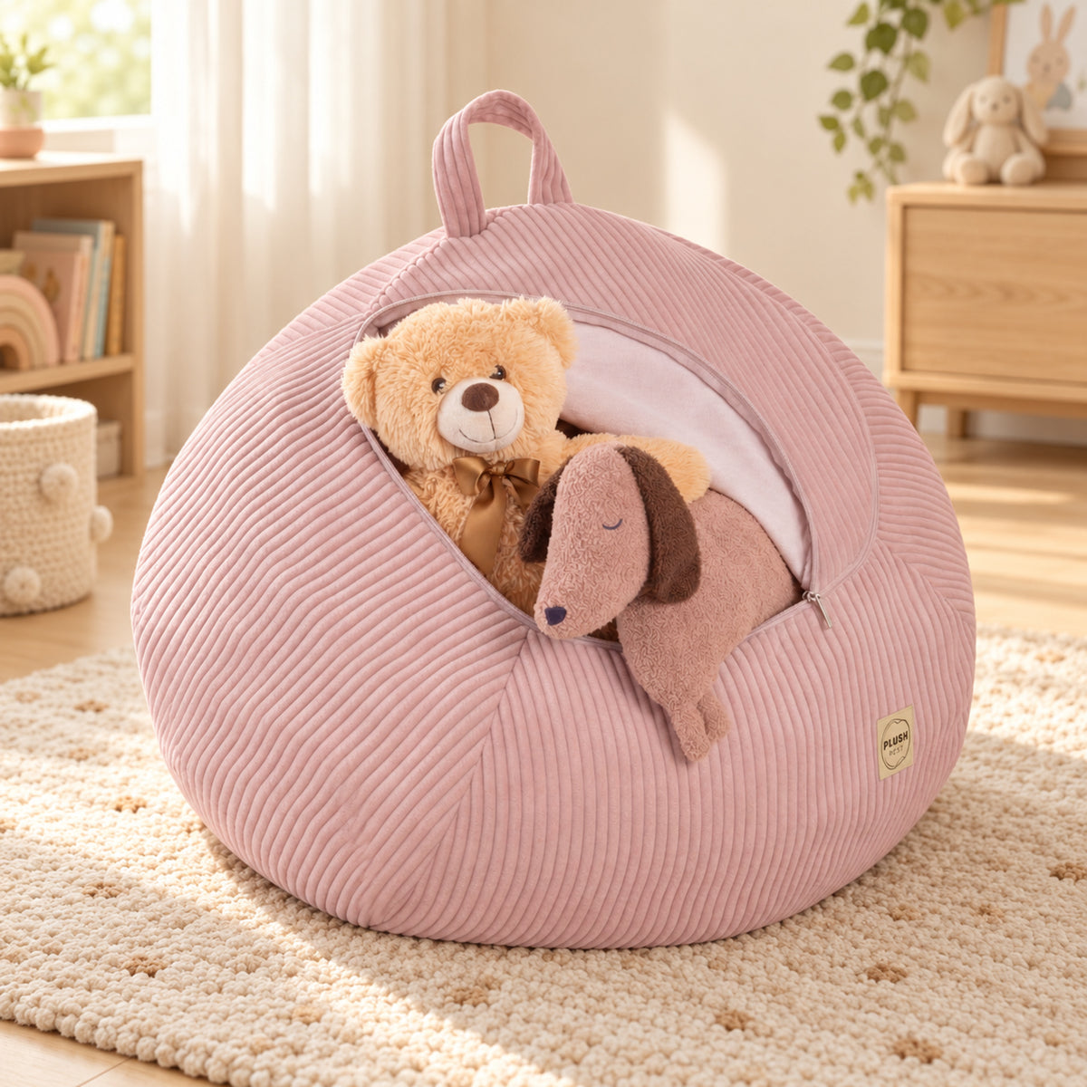 Plush Nest Cord-Spielzeugaufbewahrung & Poufbezug – Hellrosa – Premium Ambiente