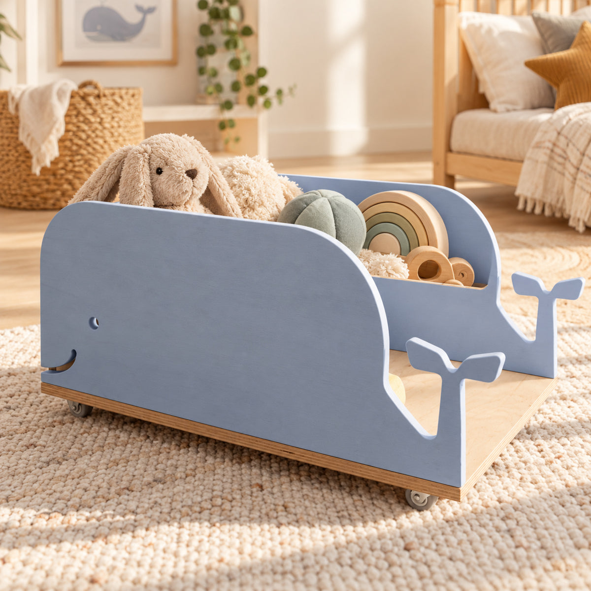 Ewart Woods Spielzeugkiste Wal mit Rollen aus Holz – Premium Ambiente