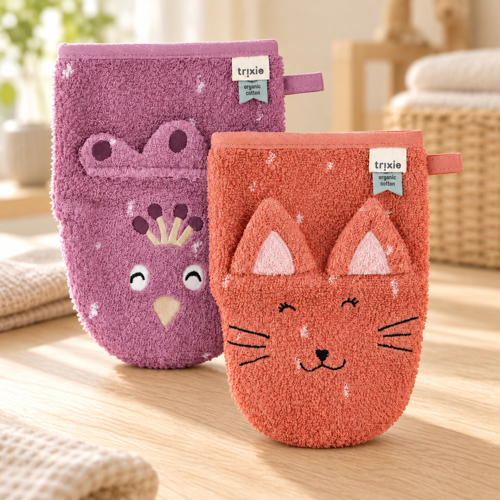 Trixie Baby-Waschhandschuhe aus Bio-Baumwolle, 2er-Set – Mrs. Cat & Mrs. Peacock