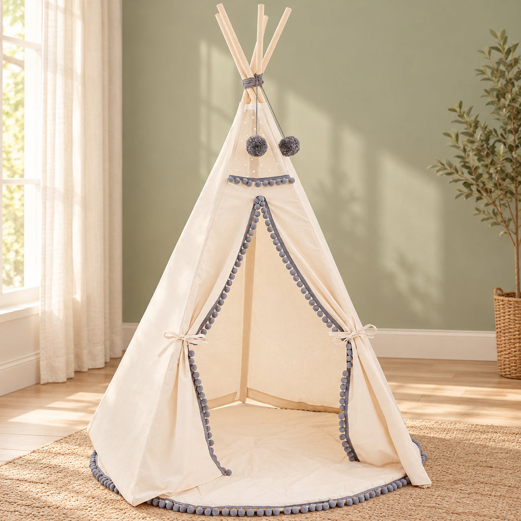Minicamp Kinder-Tipi mit grauen Pompons – Ecru