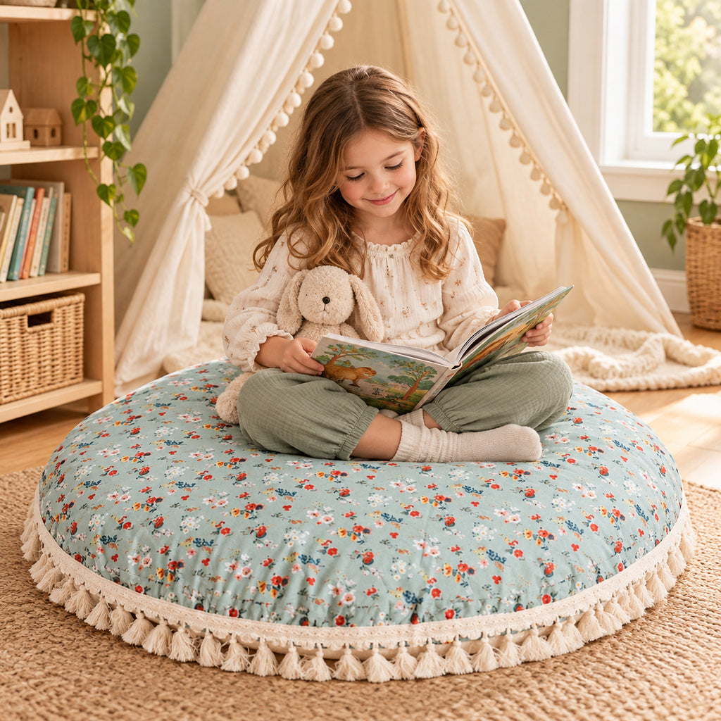Minicamp Kinder-Bodenkissen mit Quasten – Mint Floral, 100 cm