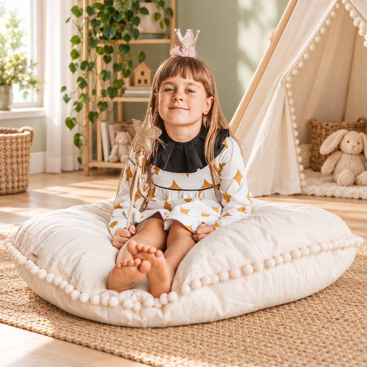 Minicamp Bodenkissen mit Pompons – Ecru, 100 cm