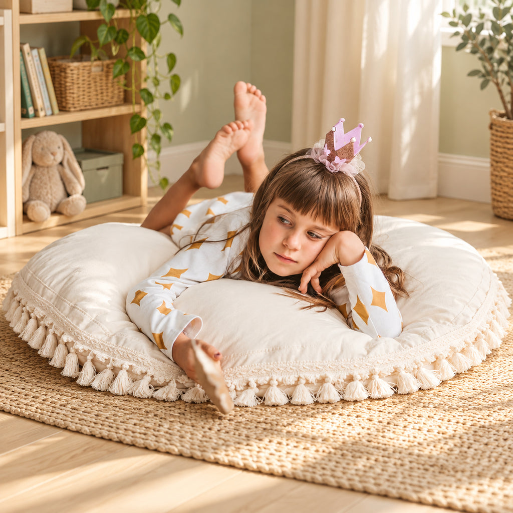 Minicamp Bodenkissen mit Quasten – Ecru, 100 cm