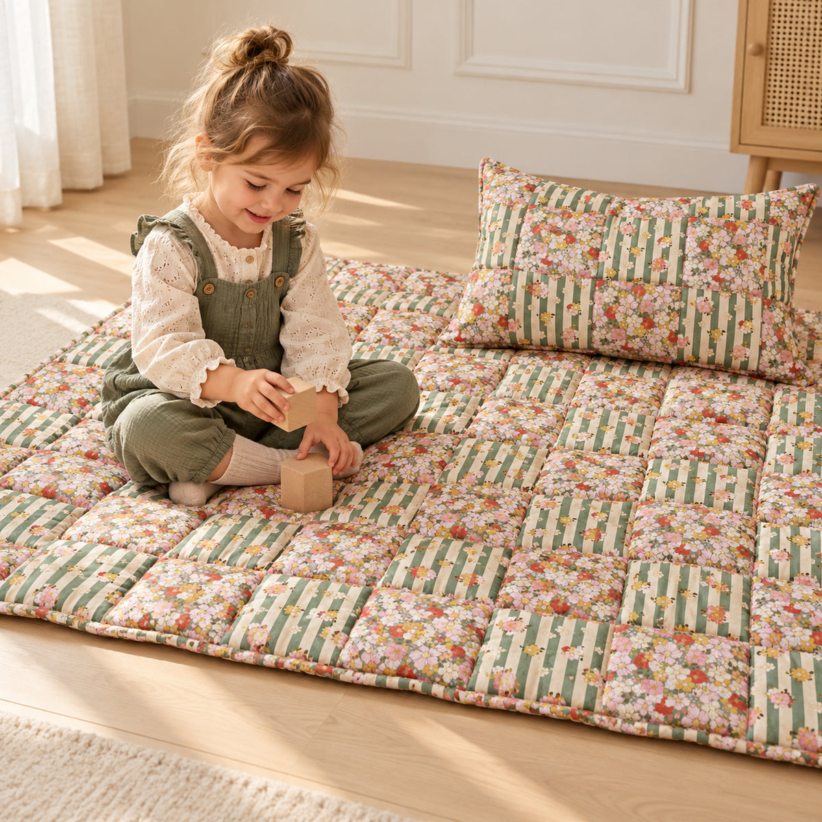 Gesteppte Patchworkdecke mit Kissen – Grüner Garten, Klein – Kind spielt neben Decke und Kissen