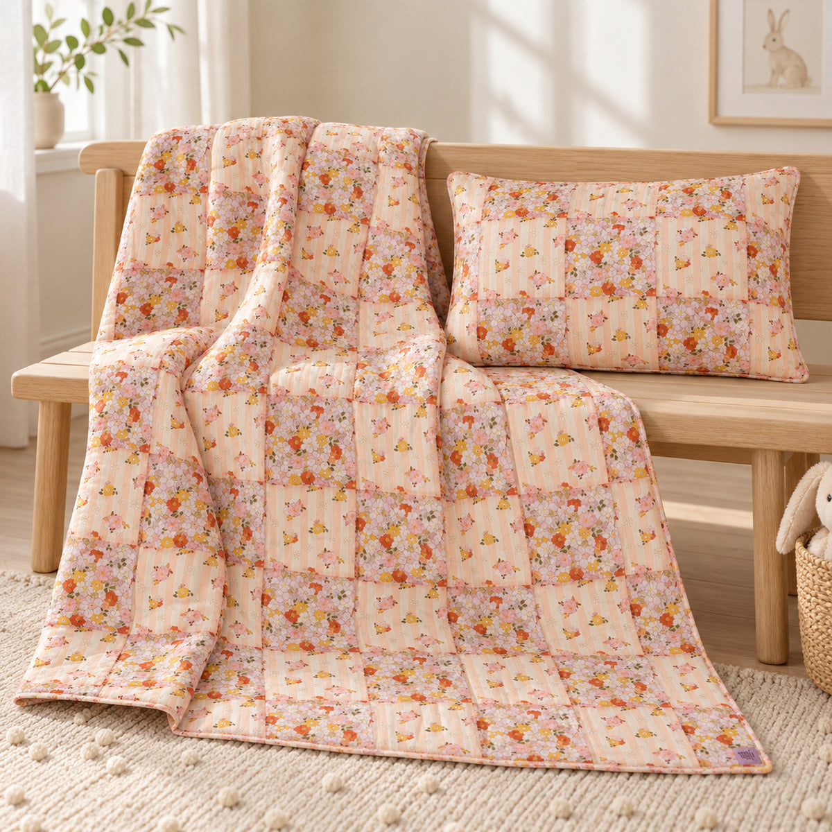 Gesteppte Patchworkdecke mit Kissen – Spring Garden, Groß – Premium Produktfoto 2048 × 2048