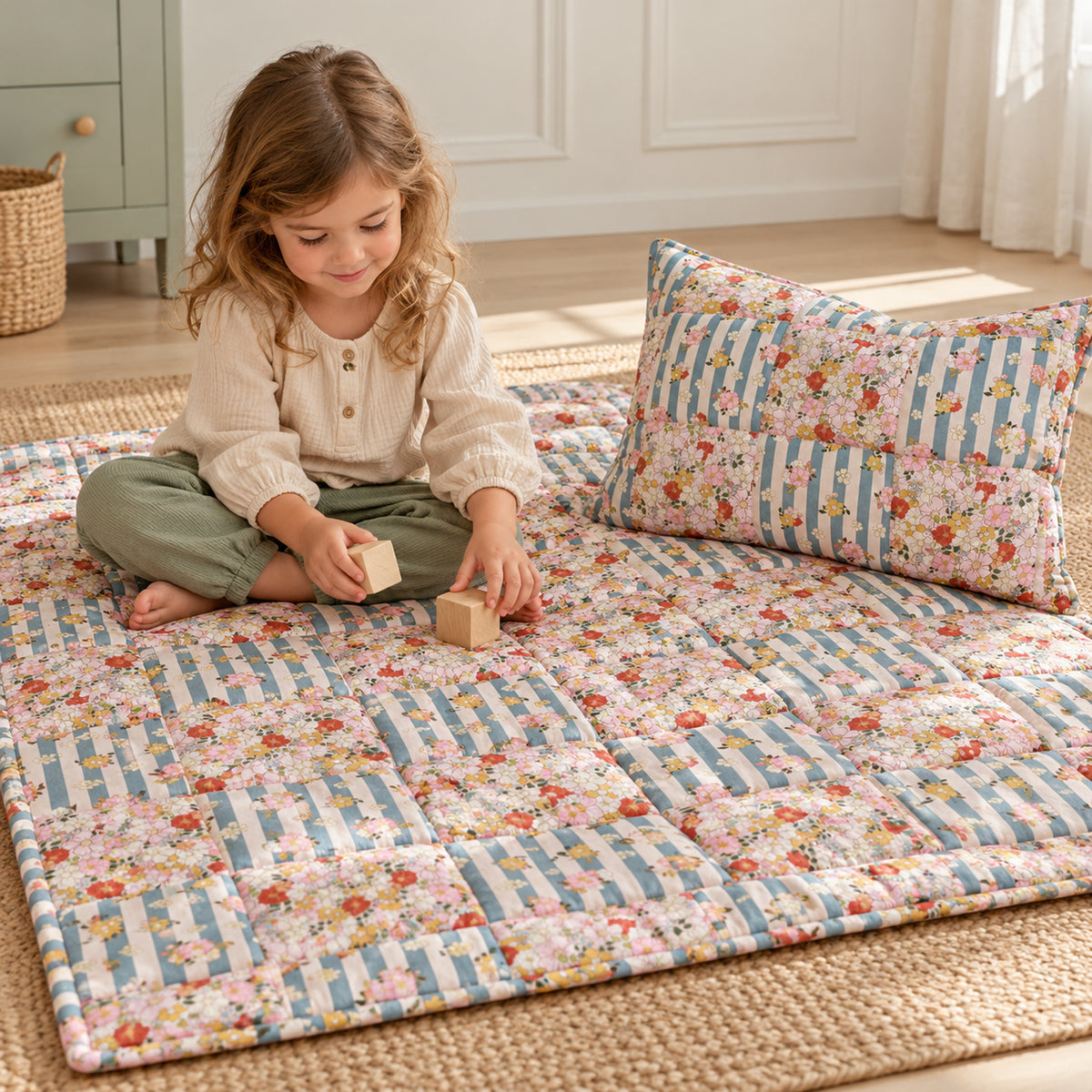 Gesteppte Patchworkdecke mit Kissen – Summer Garden, Klein – Kind spielt neben Decke und Kissen