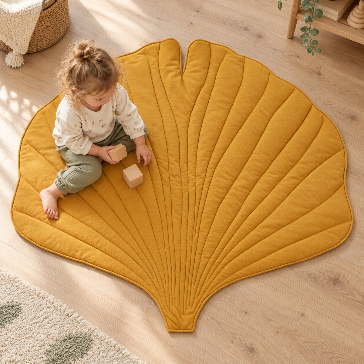 Ginkgo-Spielmatte aus Bio-Baumwolle – Gelb – Kind spielt auf der Matte