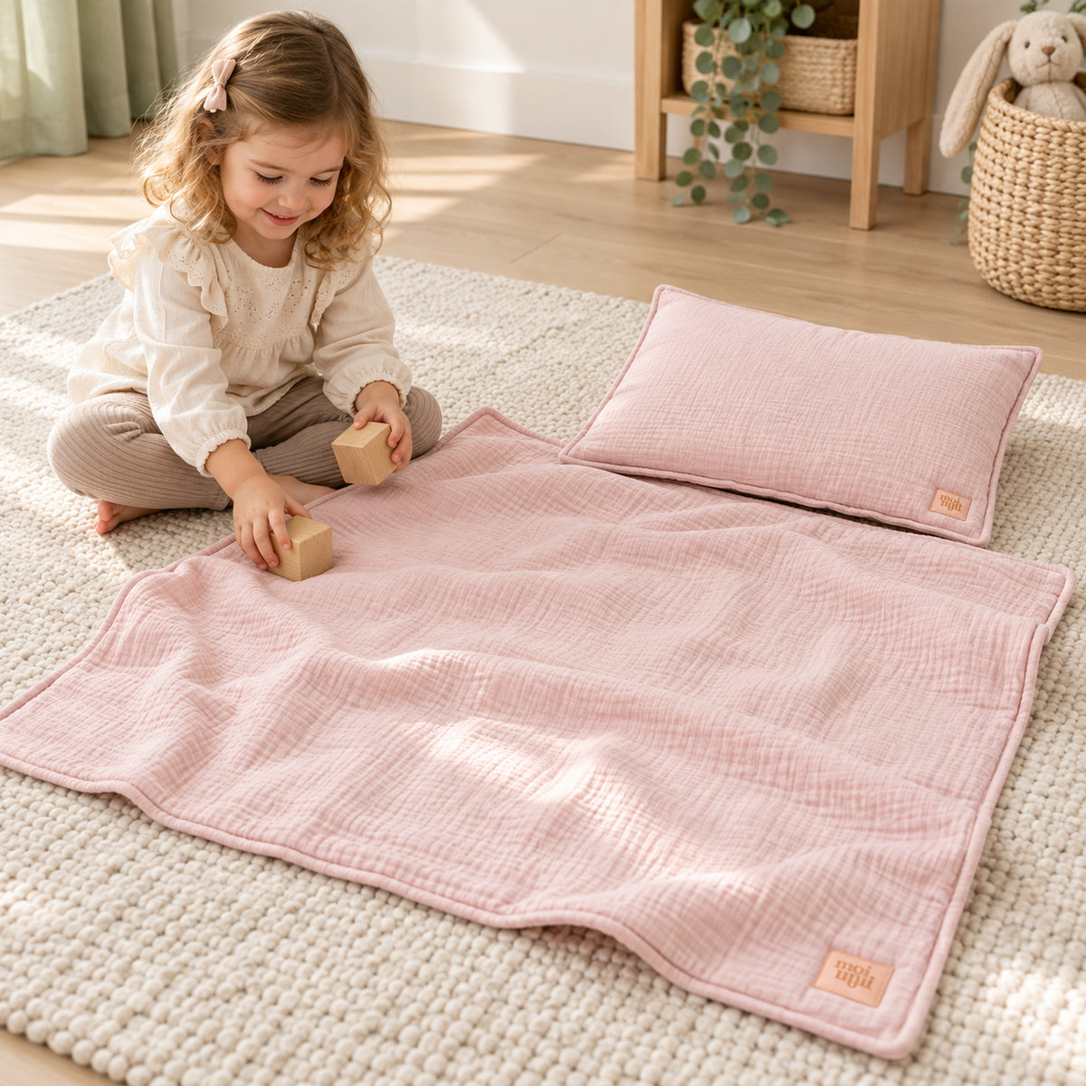 Musselin-Babydecke mit Kissen – Babyrosa – Kind spielt neben Decke und Kissen