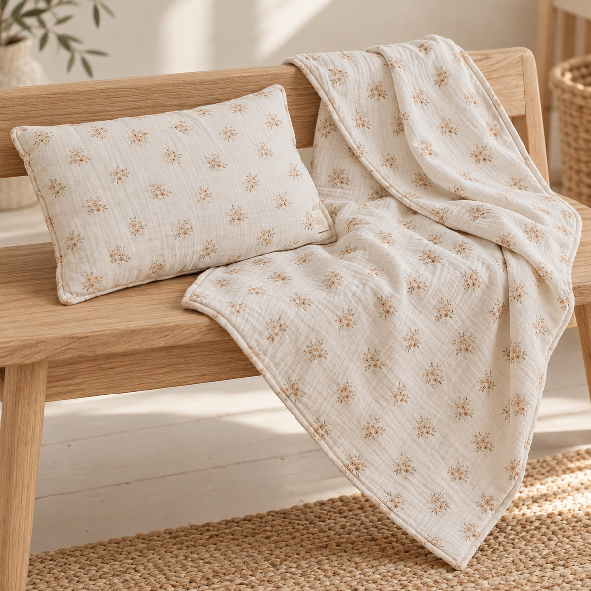 Musselin-Babydecke mit Kissen – Boho Flowers – Premium Produktfoto 2048 × 2048