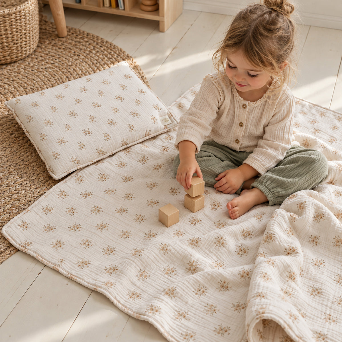 Musselin-Babydecke mit Kissen – Boho Flowers – Kind spielt neben Decke und Kissen