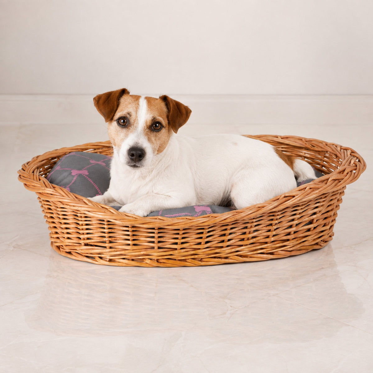 Enovia Hundebett aus Naturweide mit grau-rosa Kissen – 60 × 43 cm – Premium Studioaufnahme auf reflektierendem Boden