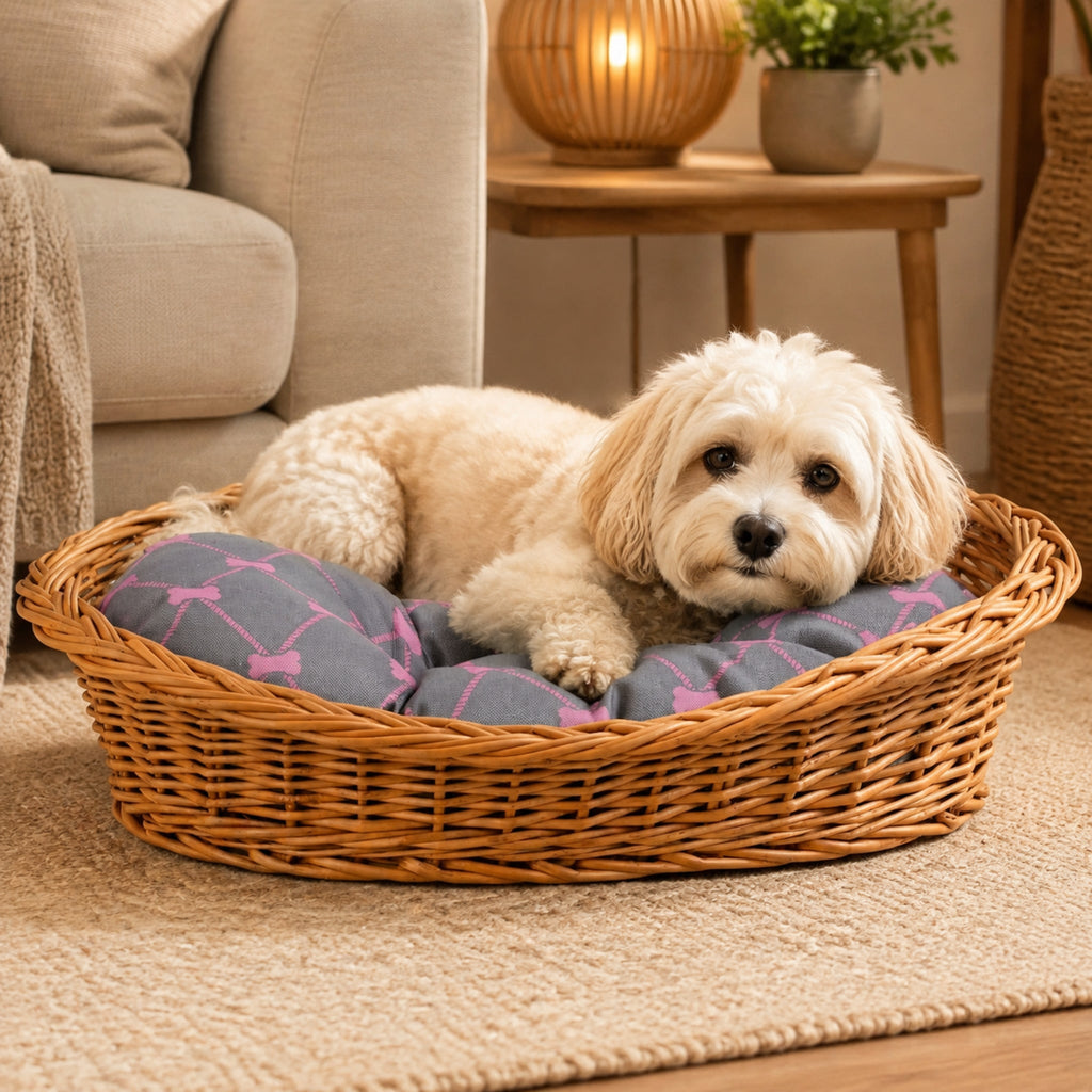 Enovia Hundebett aus Naturweide mit grau-rosa Kissen – 60 × 43 cm – Elegante Wohnszene mit Haustier