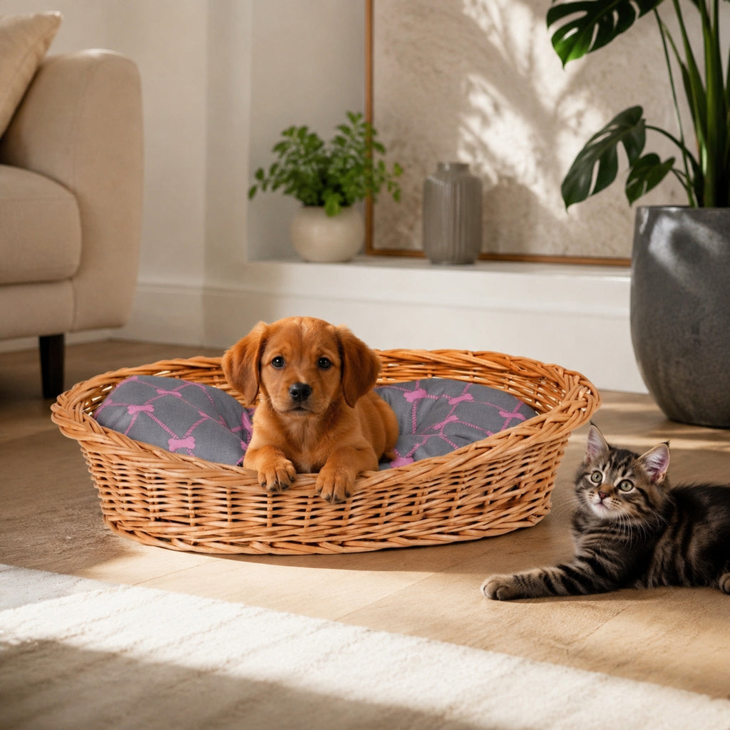 Enovia Hundebett aus Naturweide mit grau-rosa Kissen – 60 × 43 cm – Stilvolle Wohnatmosphäre mit zwei Haustieren