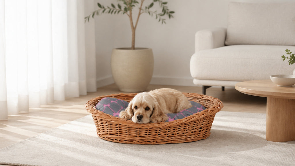 Enovia Hundebett aus Naturweide mit grau-rosa Kissen – 60 × 43 cm – Breite Premium-Wohnszene im Format 16:9