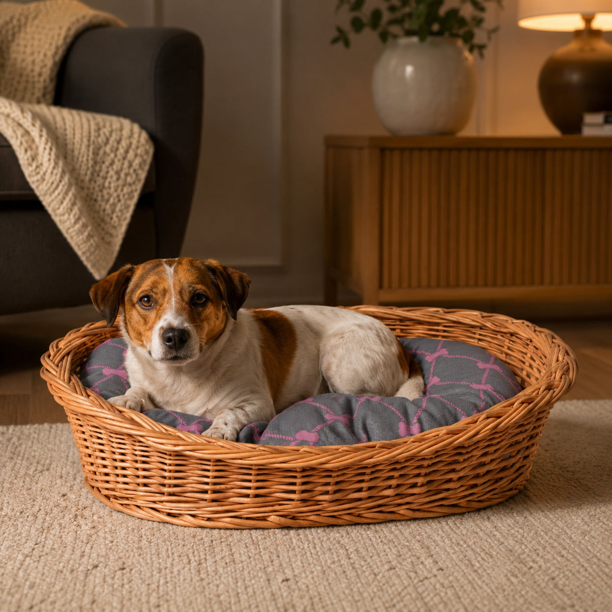 Enovia Hundebett aus Naturweide mit grau-rosa Kissen – 65 × 46 cm – Elegante Wohnszene mit Haustier