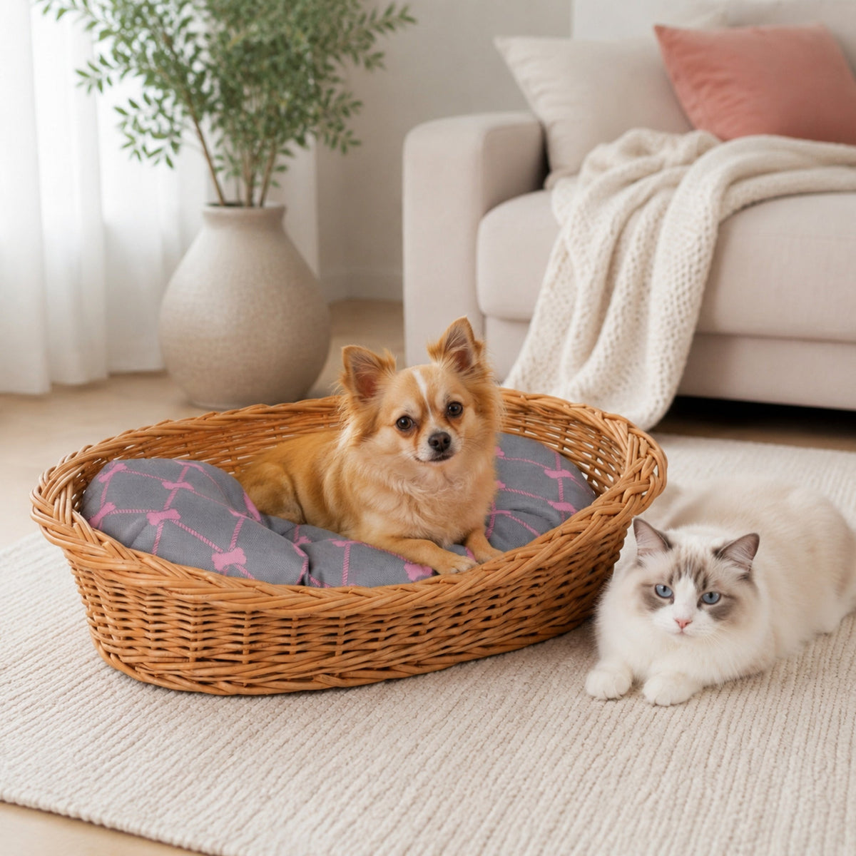 Enovia Hundebett aus Naturweide mit grau-rosa Kissen – 65 × 46 cm – Stilvolle Wohnatmosphäre mit zwei Haustieren