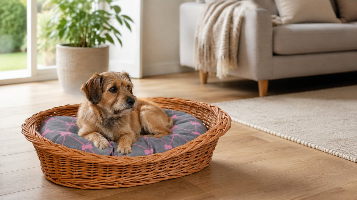 Enovia Hundebett aus Naturweide mit grau-rosa Kissen – 65 × 46 cm – Breite Premium-Wohnszene im Format 16:9