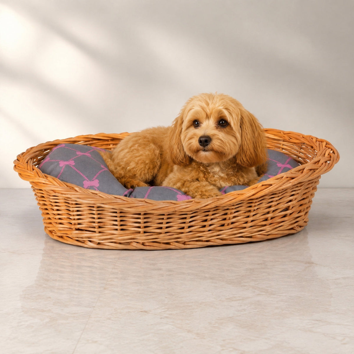 Enovia Hundebett aus Naturweide mit grau-rosa Kissen – 70 × 54 cm – Premium Studioaufnahme auf reflektierendem Boden