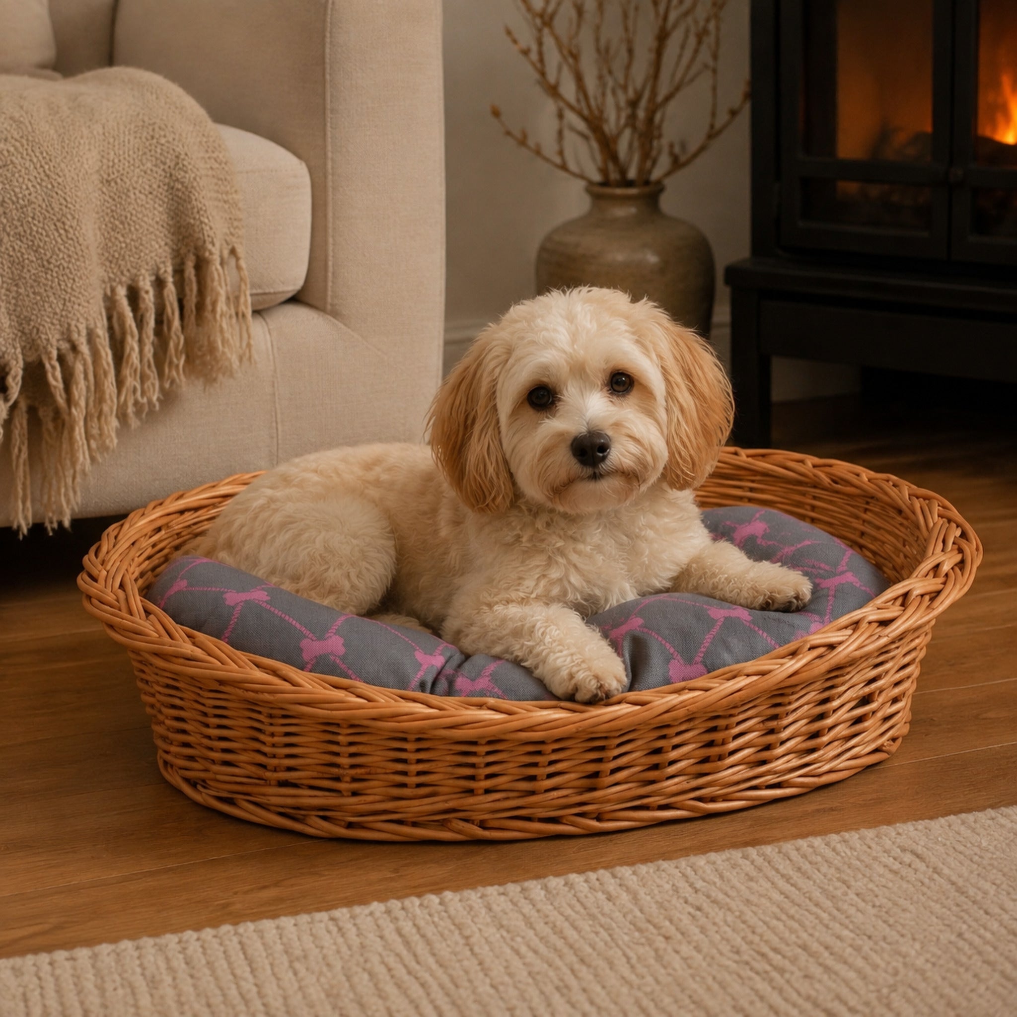 Enovia Hundebett aus Naturweide mit grau-rosa Kissen – 70 × 54 cm – Elegante Wohnszene mit Haustier