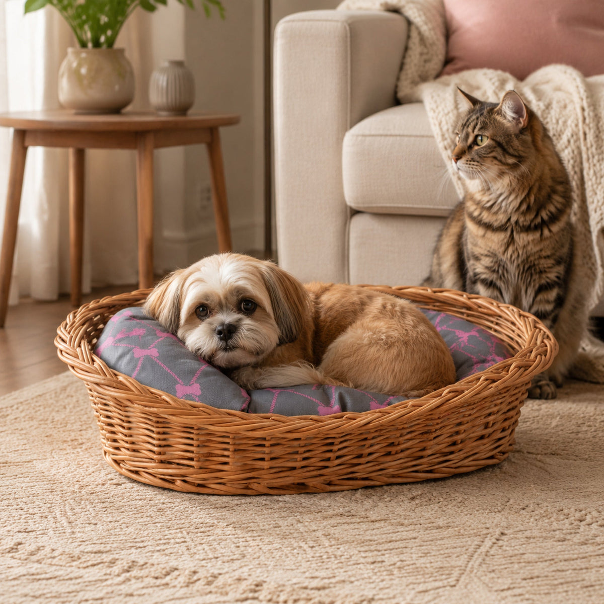 Enovia Hundebett aus Naturweide mit grau-rosa Kissen – 70 × 54 cm – Stilvolle Wohnatmosphäre mit zwei Haustieren