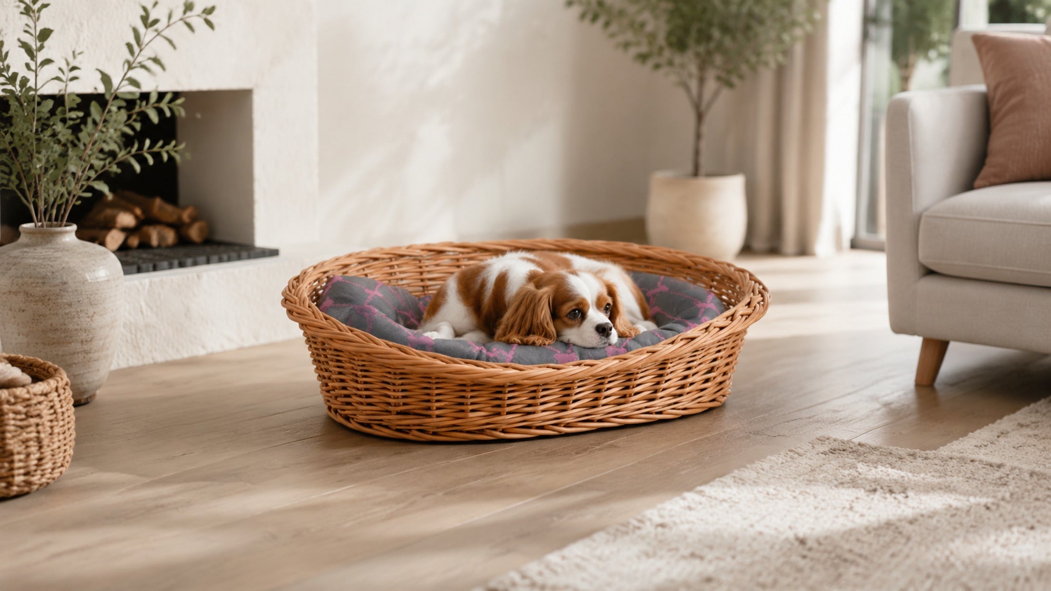 Enovia Hundebett aus Naturweide mit grau-rosa Kissen – 70 × 54 cm – Breite Premium-Wohnszene im Format 16:9