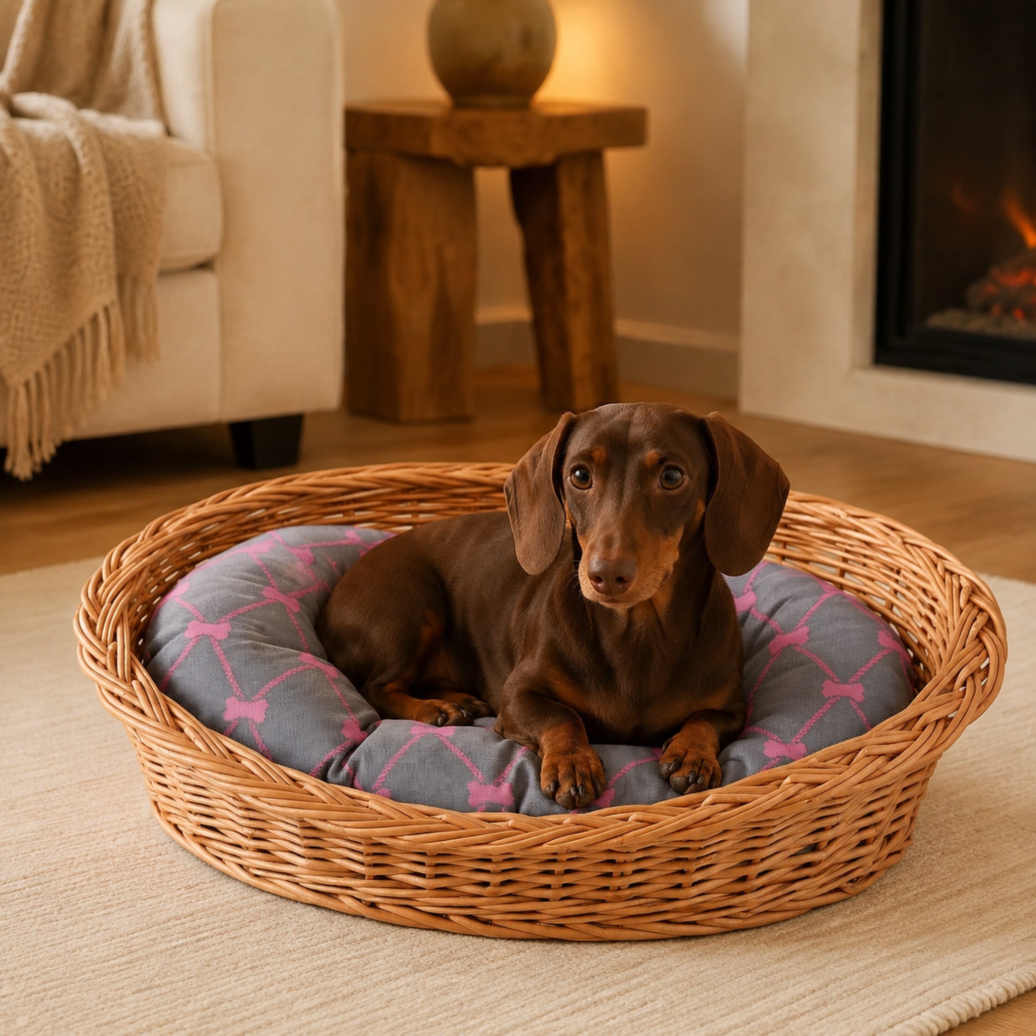 Enovia Hundebett aus Naturweide mit grau-rosa Kissen – 75 × 57 cm – Elegante Wohnszene mit Haustier