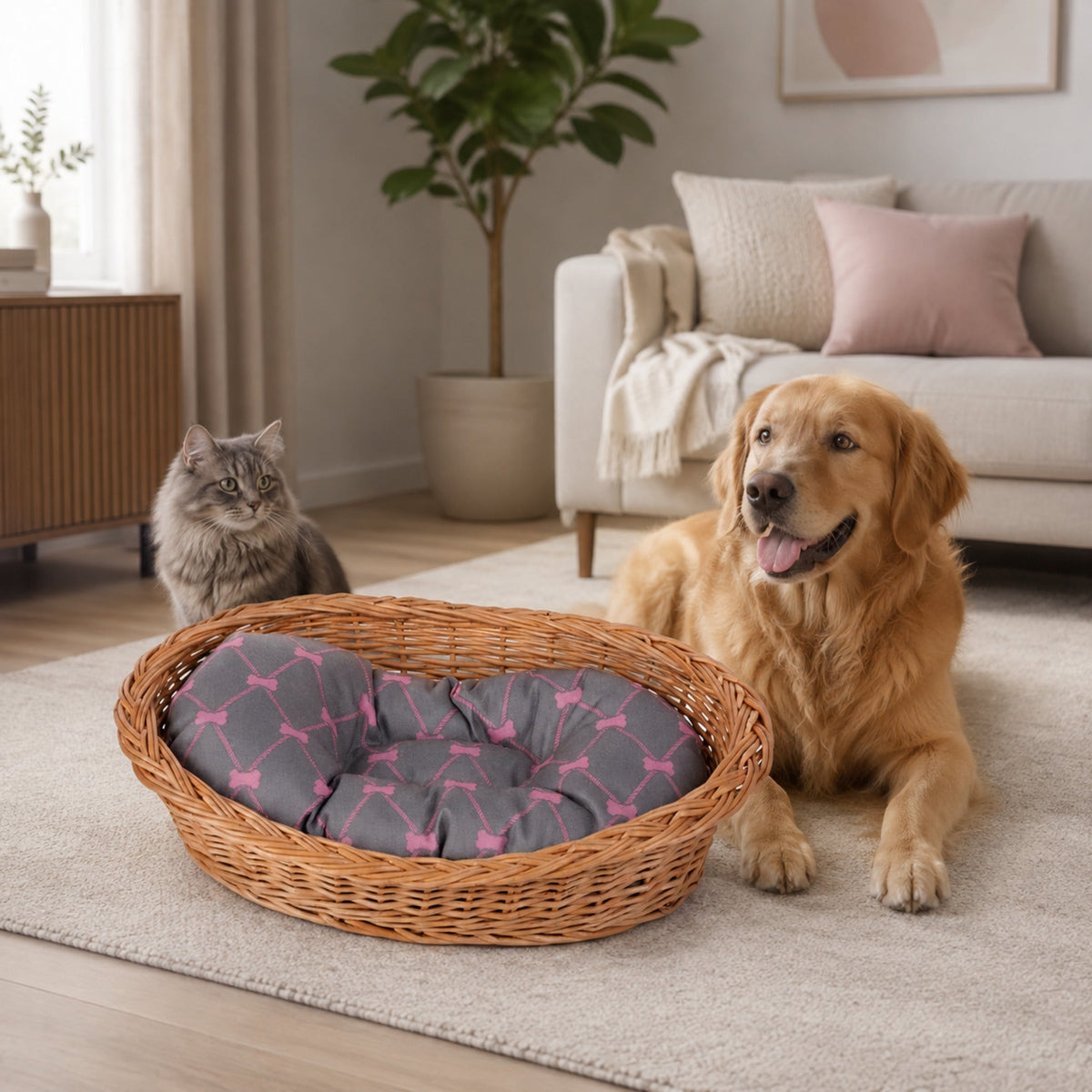 Enovia Hundebett aus Naturweide mit grau-rosa Kissen – 75 × 57 cm – Stilvolle Wohnatmosphäre mit zwei Haustieren