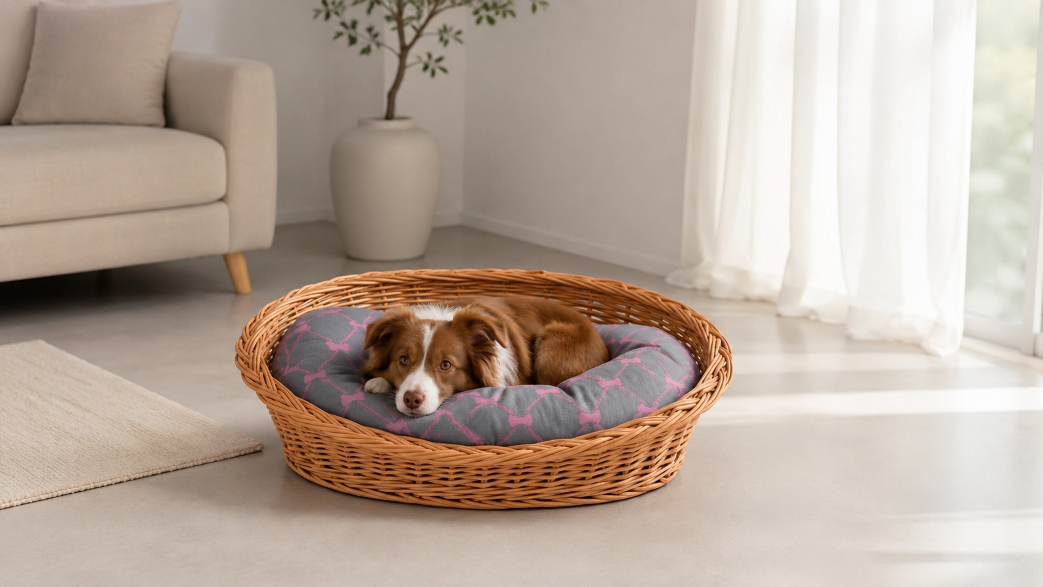 Enovia Hundebett aus Naturweide mit grau-rosa Kissen – 75 × 57 cm – Breite Premium-Wohnszene im Format 16:9