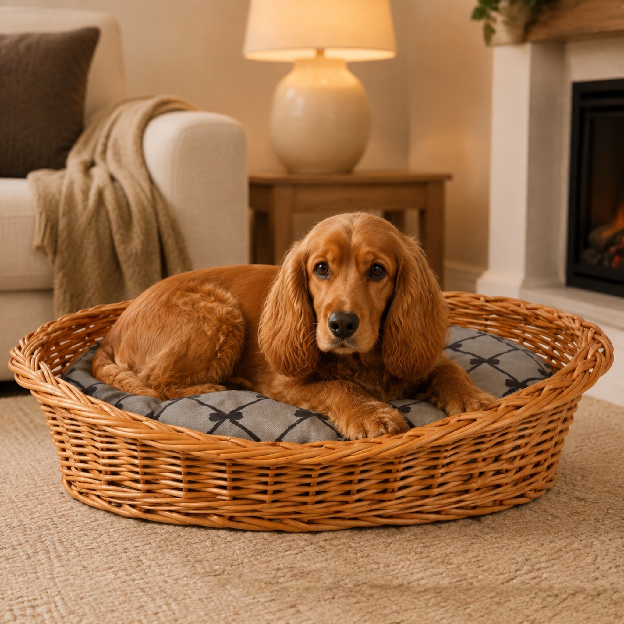 Enovia Hundebett aus Naturweide mit grauem Kissen – 60 × 43 cm – Elegante Wohnszene mit Haustier