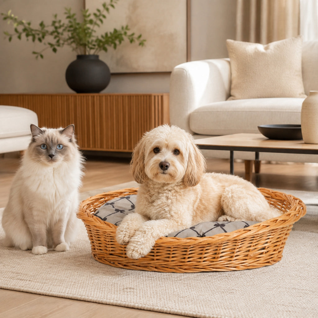 Enovia Hundebett aus Naturweide mit grauem Kissen – 60 × 43 cm – Stilvolle Wohnatmosphäre mit zwei Haustieren