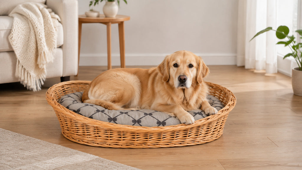 Enovia Hundebett aus Naturweide mit grauem Kissen – 60 × 43 cm – Breite Premium-Wohnszene im Format 16:9