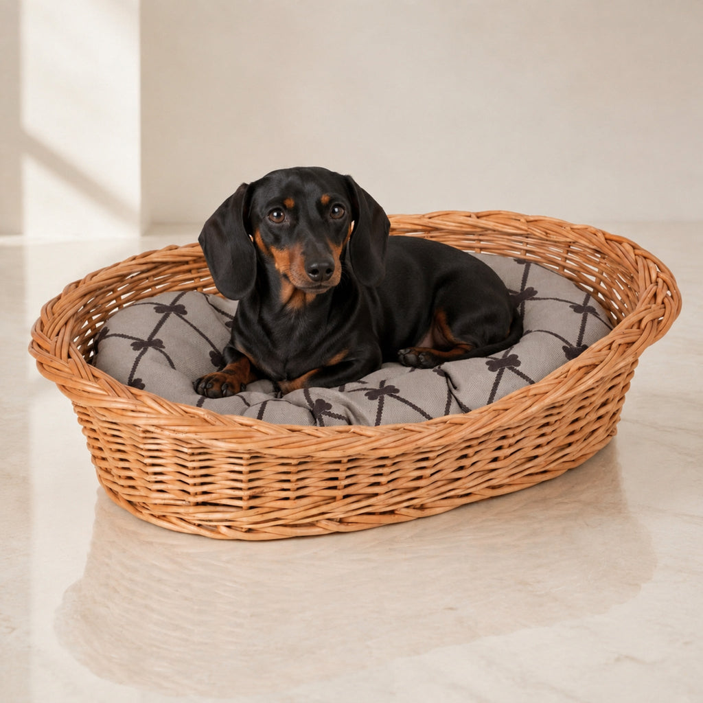 Enovia Hundebett aus Naturweide mit grauem Kissen – 65 × 46 cm – Premium Studioaufnahme auf reflektierendem Boden