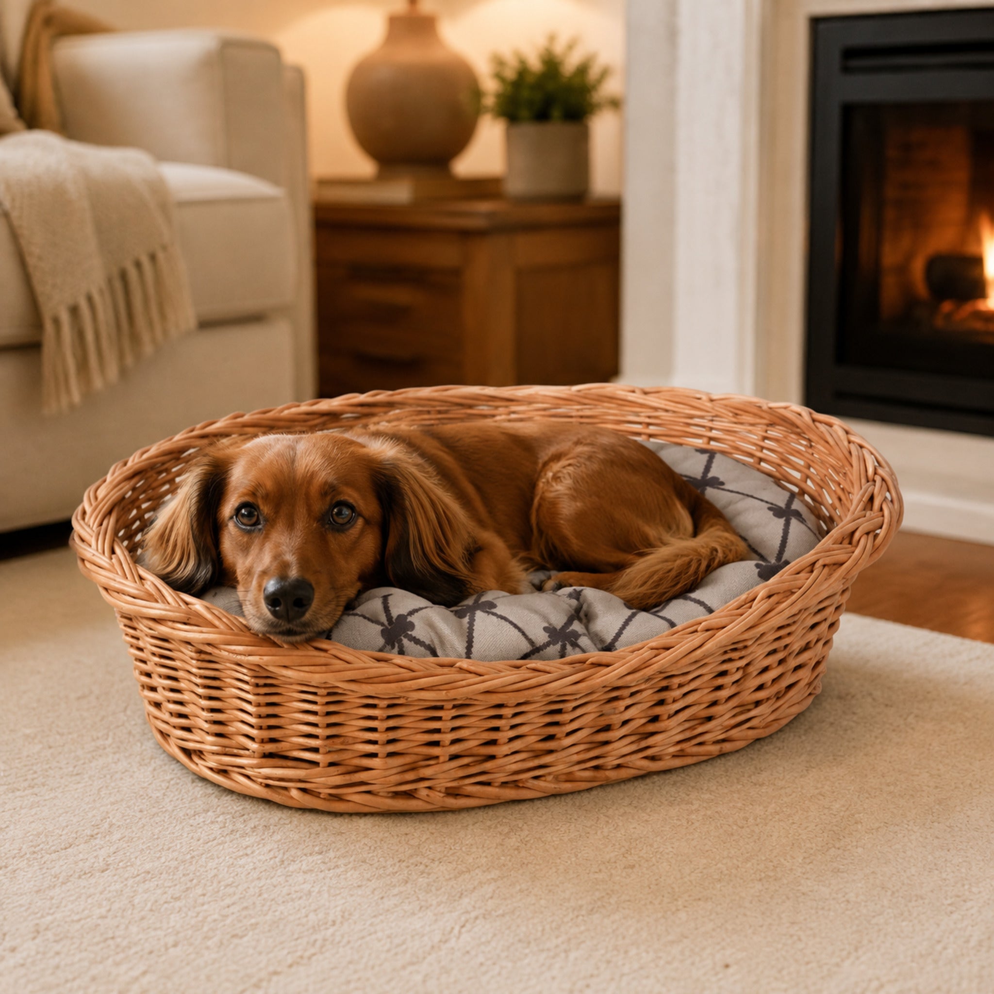 Enovia Hundebett aus Naturweide mit grauem Kissen – 65 × 46 cm – Elegante Wohnszene mit Haustier