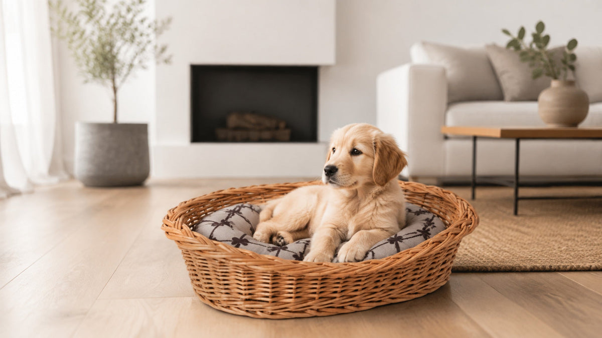 Enovia Hundebett aus Naturweide mit grauem Kissen – 65 × 46 cm – Breite Premium-Wohnszene im Format 16:9
