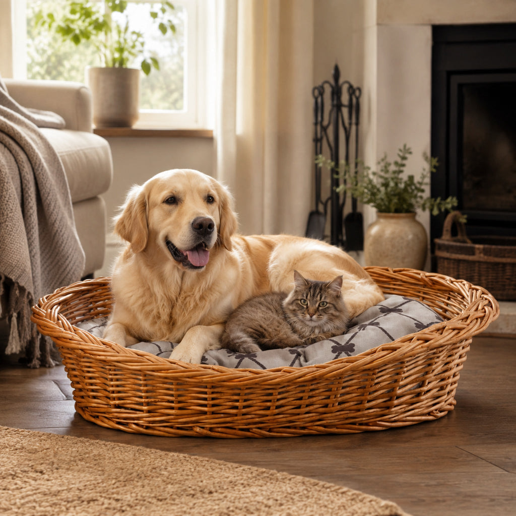 Enovia Hundebett aus Naturweide mit grauem Kissen – 70 × 54 cm – Stilvolle Wohnatmosphäre mit zwei Haustieren