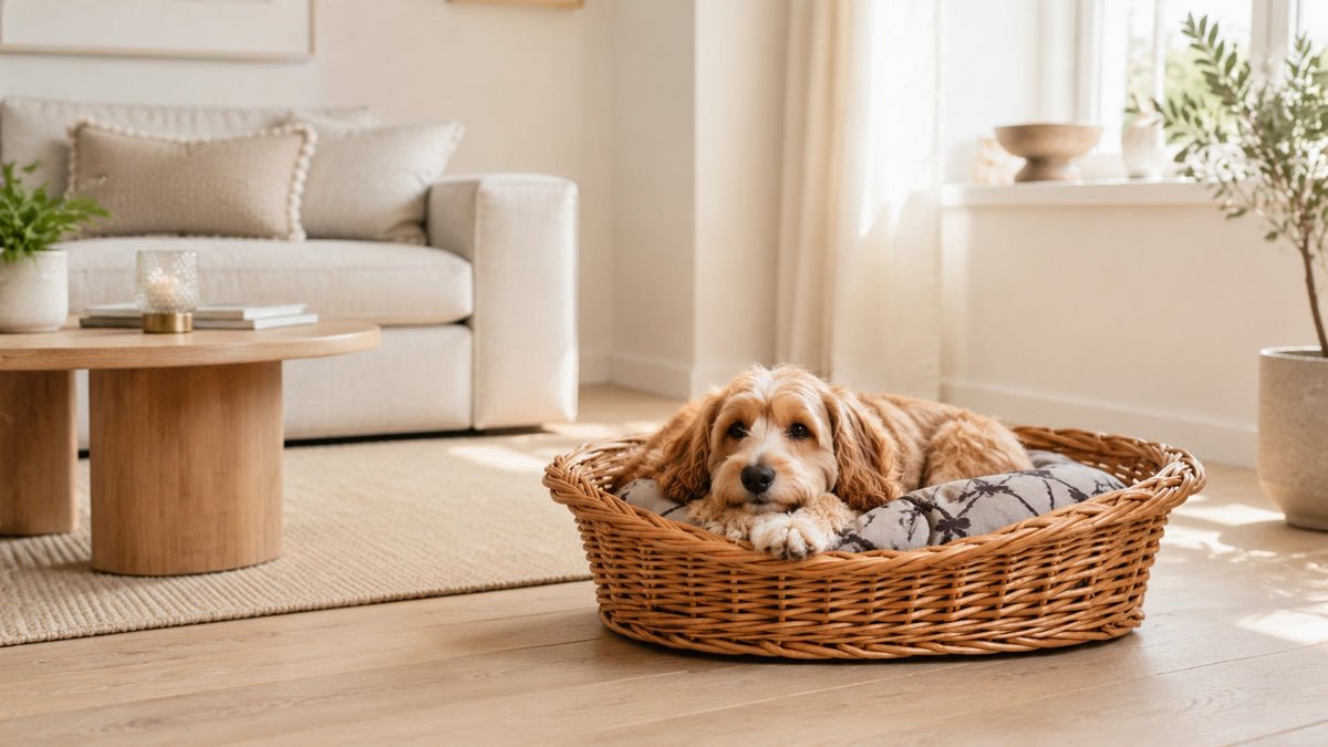 Enovia Hundebett aus Naturweide mit grauem Kissen – 70 × 54 cm – Breite Premium-Wohnszene im Format 16:9