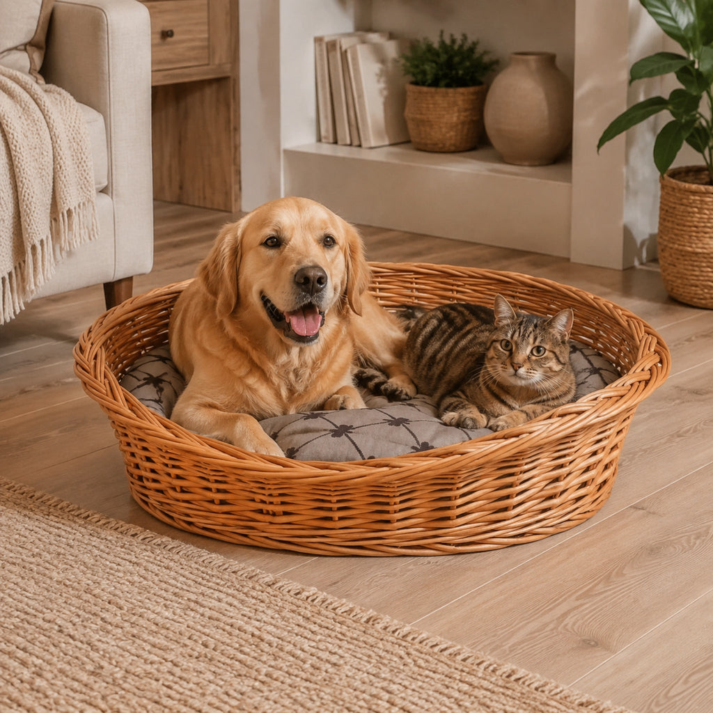 Enovia Hundebett aus Naturweide mit grauem Kissen – 75 × 57 cm – Stilvolle Wohnatmosphäre mit zwei Haustieren