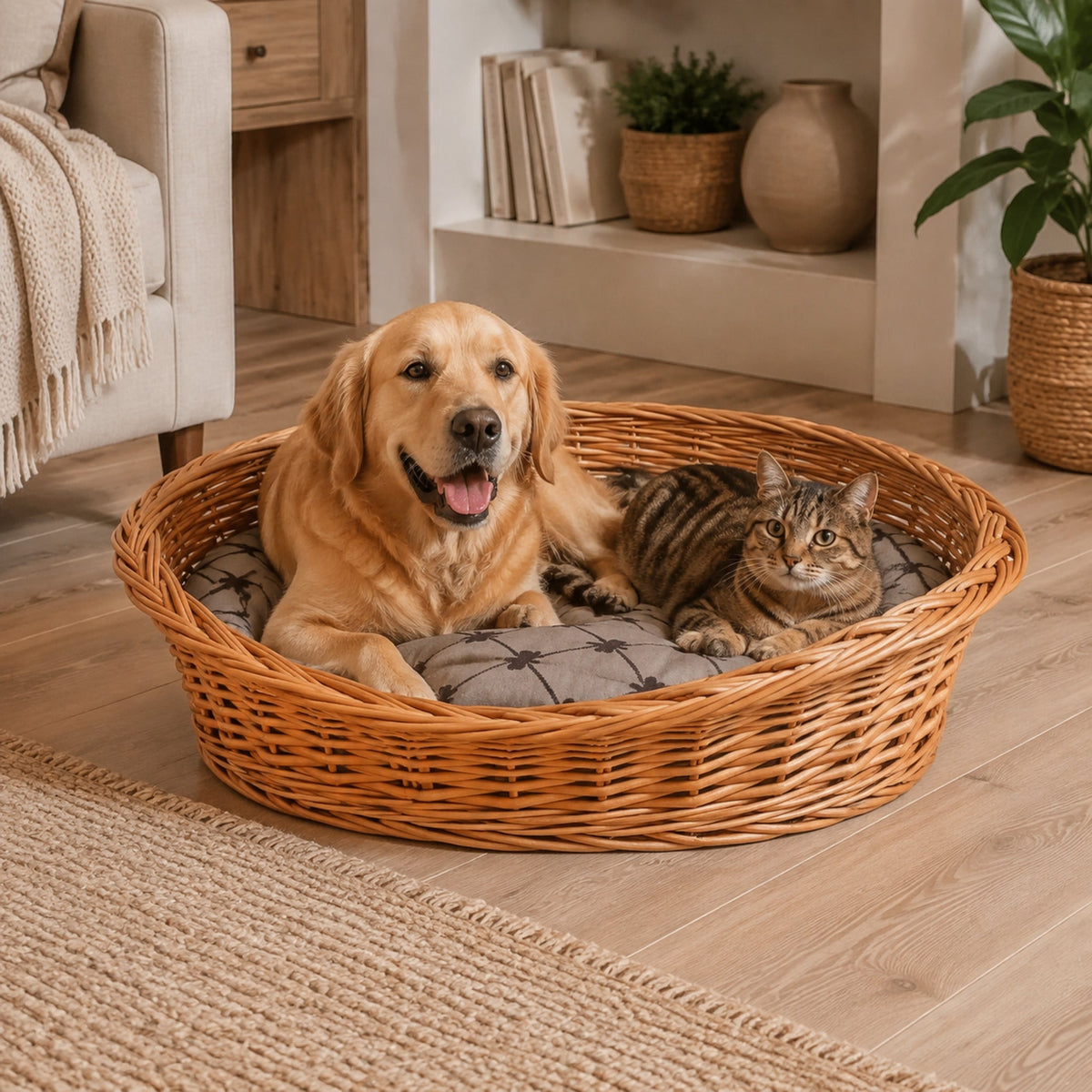 Enovia Hundebett aus Naturweide mit grauem Kissen – 75 × 57 cm – Stilvolle Wohnatmosphäre mit zwei Haustieren