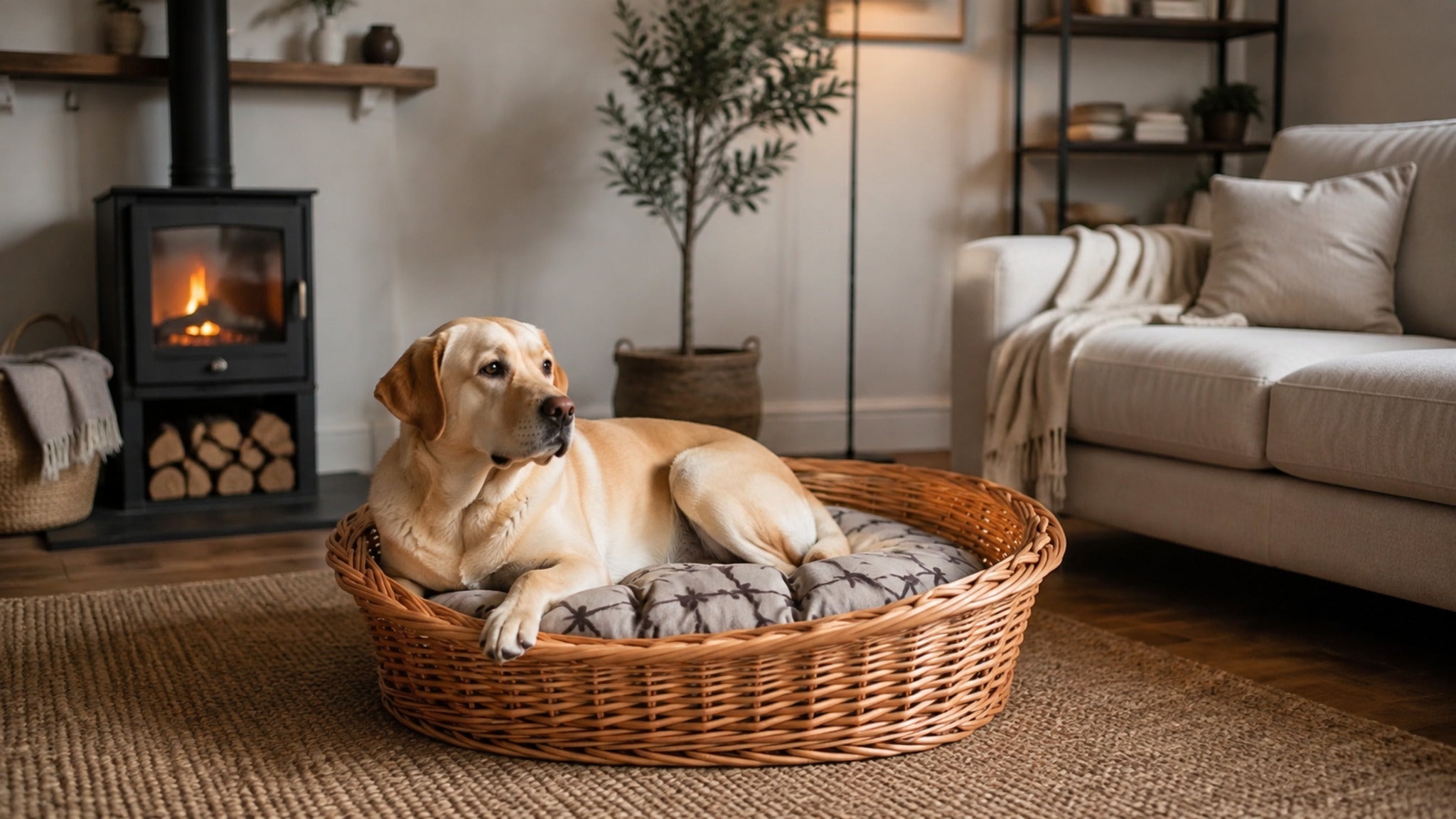 Enovia Hundebett aus Naturweide mit grauem Kissen – 75 × 57 cm – Breite Premium-Wohnszene im Format 16:9