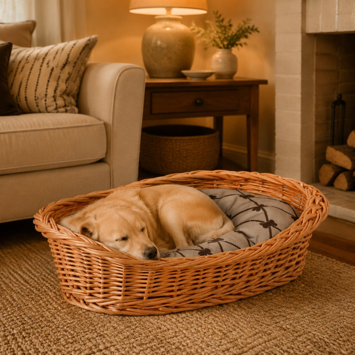 Enovia Hundebett aus Naturweide mit grauem Kissen – 80 × 60 cm – Elegante Wohnszene mit Haustier