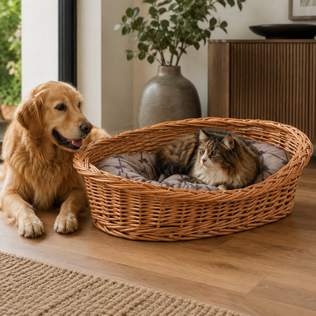 Enovia Hundebett aus Naturweide mit grauem Kissen – 80 × 60 cm – Stilvolle Wohnatmosphäre mit zwei Haustieren
