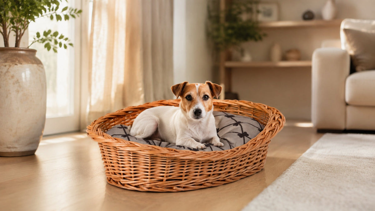Enovia Hundebett aus Naturweide mit grauem Kissen – 80 × 60 cm – Breite Premium-Wohnszene im Format 16:9