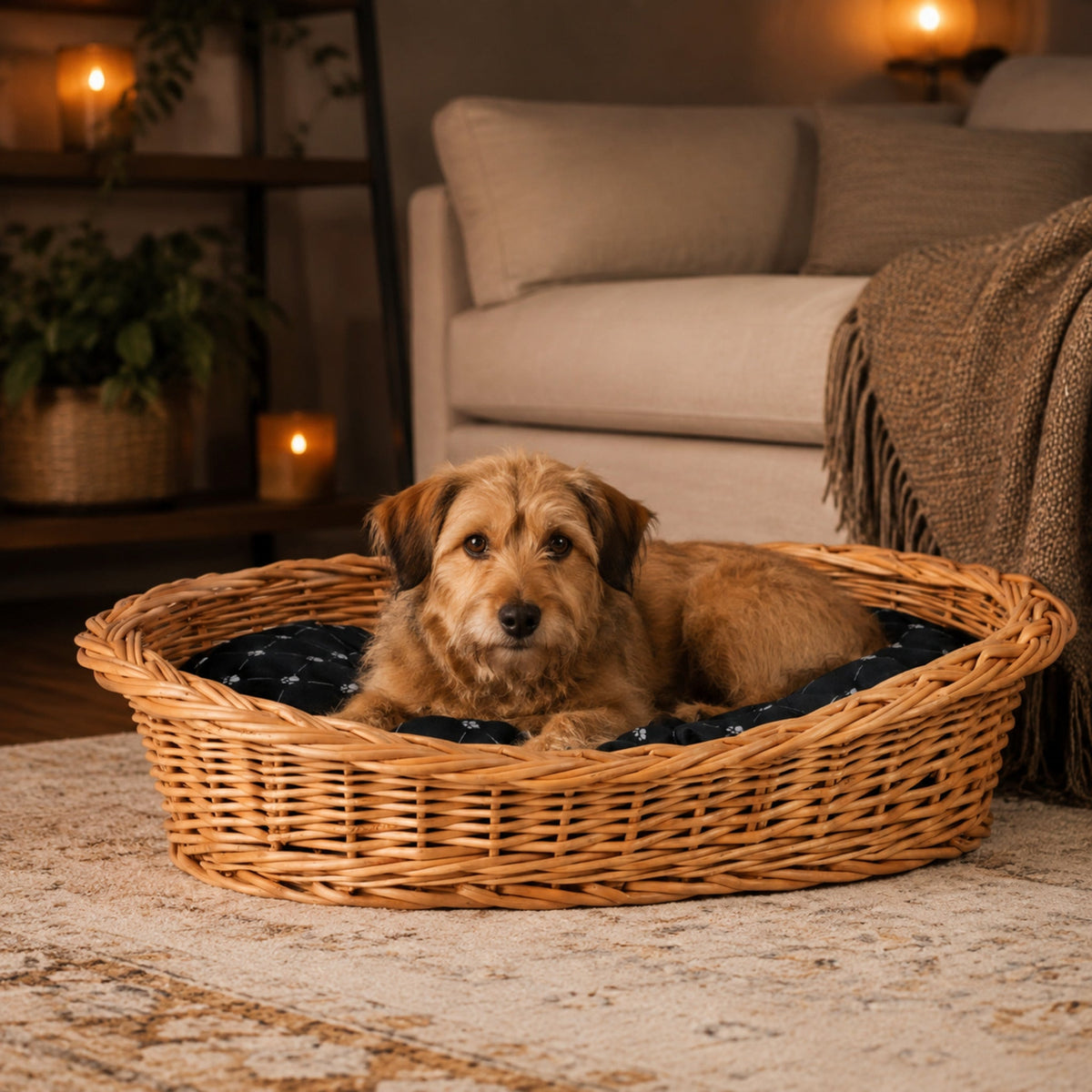 Enovia Hundebett aus Naturweide mit schwarzem Kissen – 60 × 43 cm – Elegante Wohnszene mit Haustier