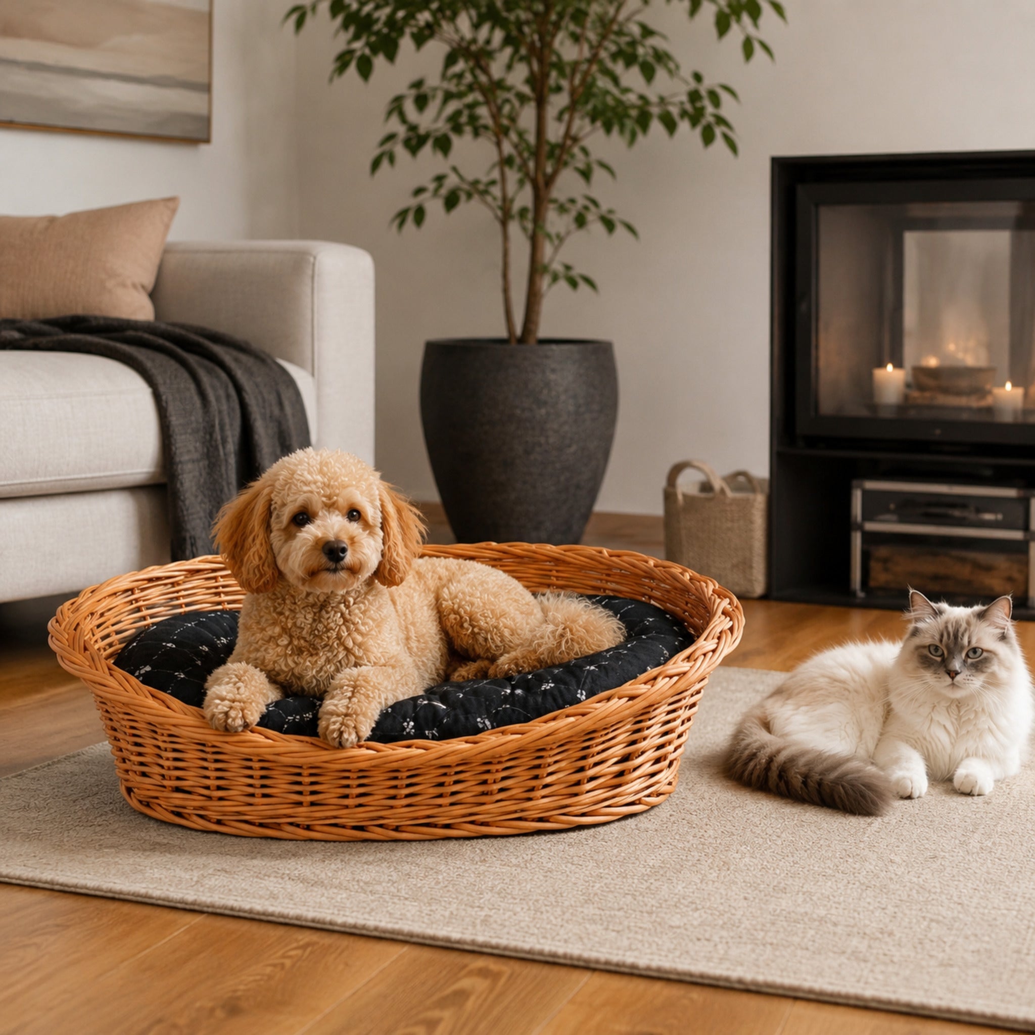 Enovia Hundebett aus Naturweide mit schwarzem Kissen – 60 × 43 cm – Stilvolle Wohnatmosphäre mit zwei Haustieren