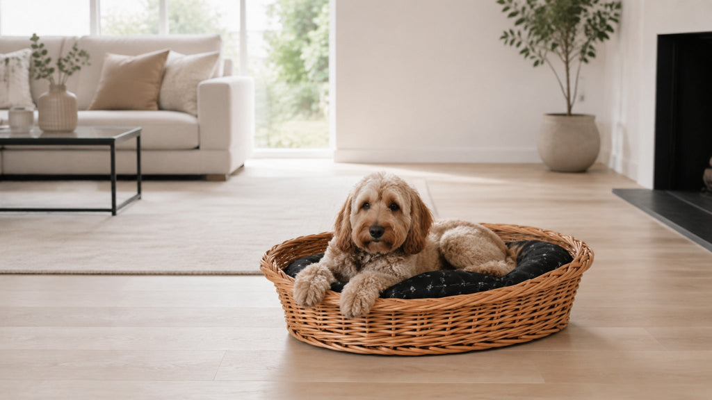 Enovia Hundebett aus Naturweide mit schwarzem Kissen – 60 × 43 cm – Breite Premium-Wohnszene im Format 16:9