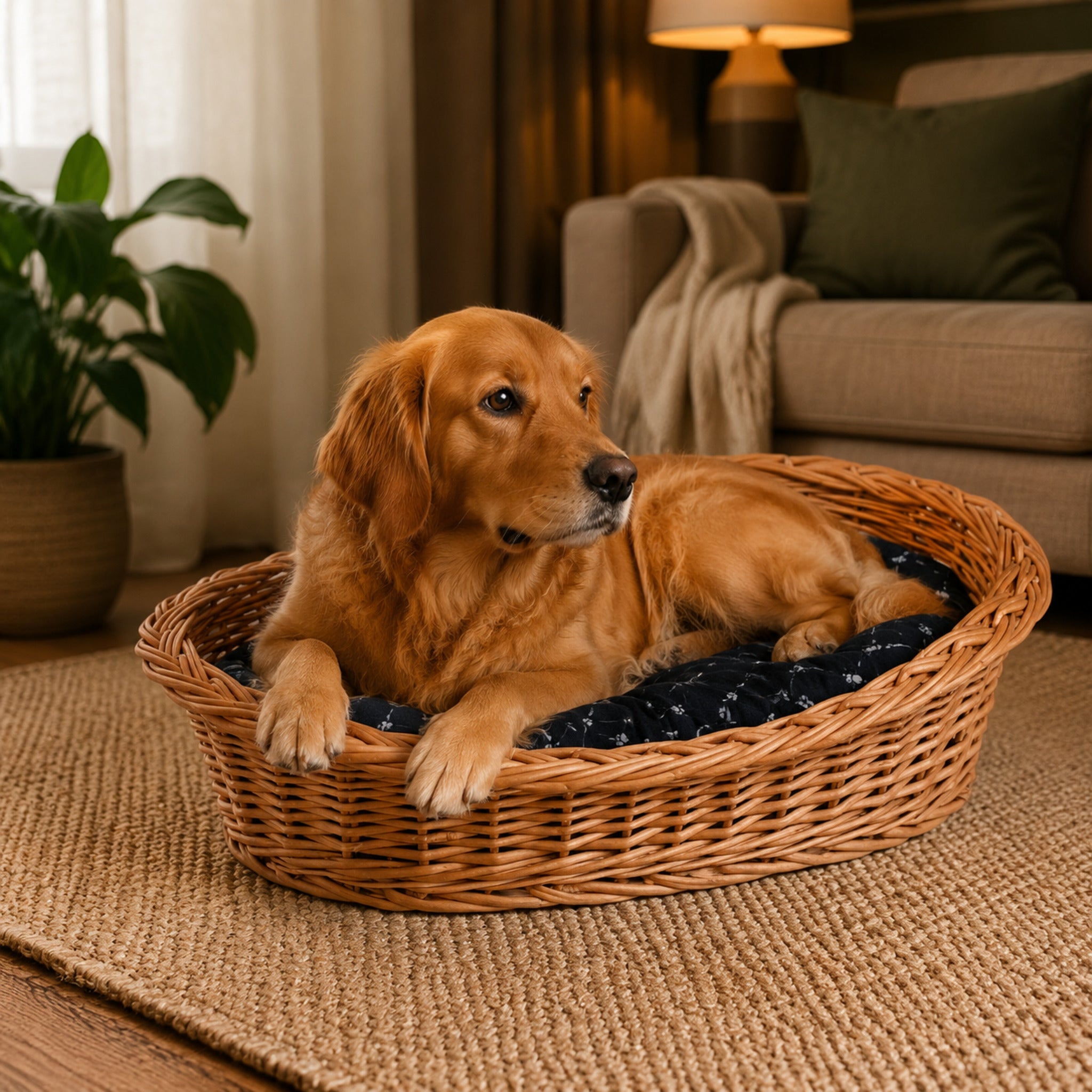 Enovia Hundebett aus Naturweide mit schwarzem Kissen – 65 × 46 cm – Elegante Wohnszene mit Haustier