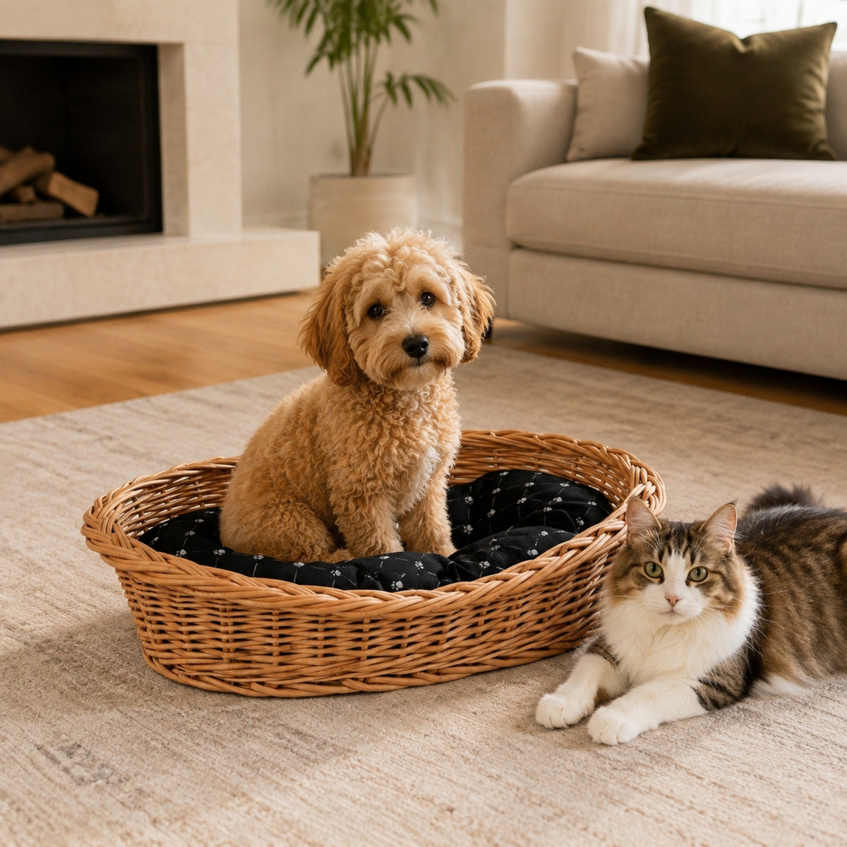 Enovia Hundebett aus Naturweide mit schwarzem Kissen – 65 × 46 cm – Stilvolle Wohnatmosphäre mit zwei Haustieren