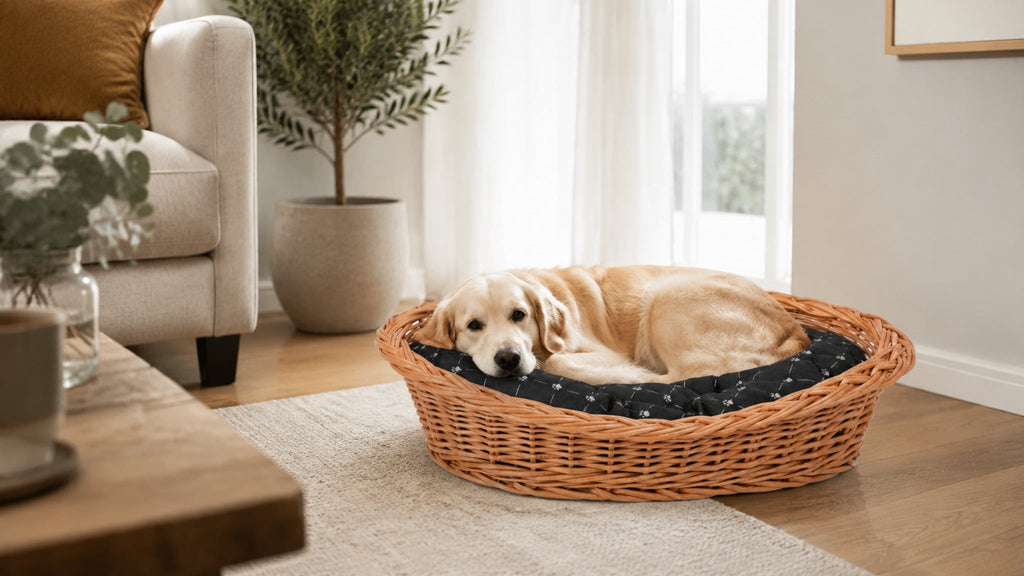 Enovia Hundebett aus Naturweide mit schwarzem Kissen – 65 × 46 cm – Breite Premium-Wohnszene im Format 16:9