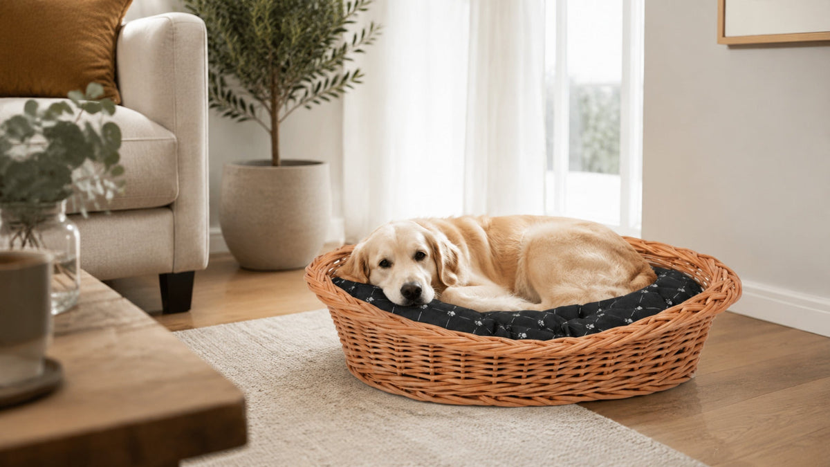 Enovia Hundebett aus Naturweide mit schwarzem Kissen – 65 × 46 cm – Breite Premium-Wohnszene im Format 16:9
